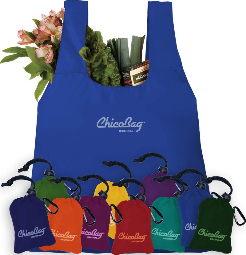 ChicoBag Original Compact Reusable Grocery Bag with Attached Pouch and Carabiner Clip- 4 Pack Blue - Image 5